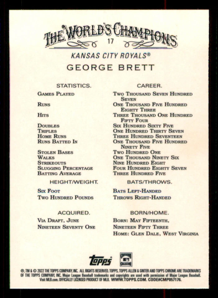 2022 Topps Allen and Ginter Chrome #17 George Brett - Image 2 of 2