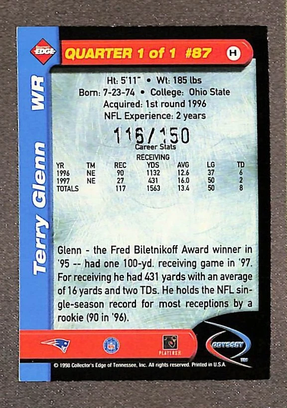 1998 Collector's Edge Odyssey Level 2 Holo Gold #87 Terry Glenn /150 - Image 2 of 3
