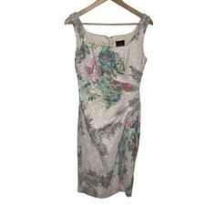 Adrianna Papell Womens Sheath Dress 2 Beige Floral Ruched Crinkle Cocktail Party