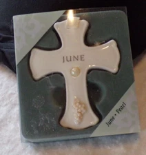 Russ Berrie & Co. White Ceramic Cross June Pearl  Birthstone 7516 Ornament