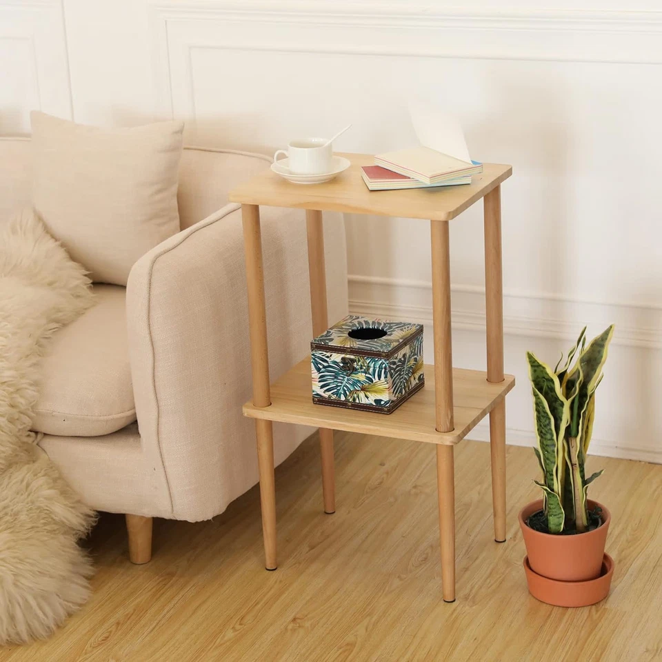 Solid Wood Side Table, 2-Tier Narrow End Table with Storage Shelves for Small Pl - Image 3 of 4