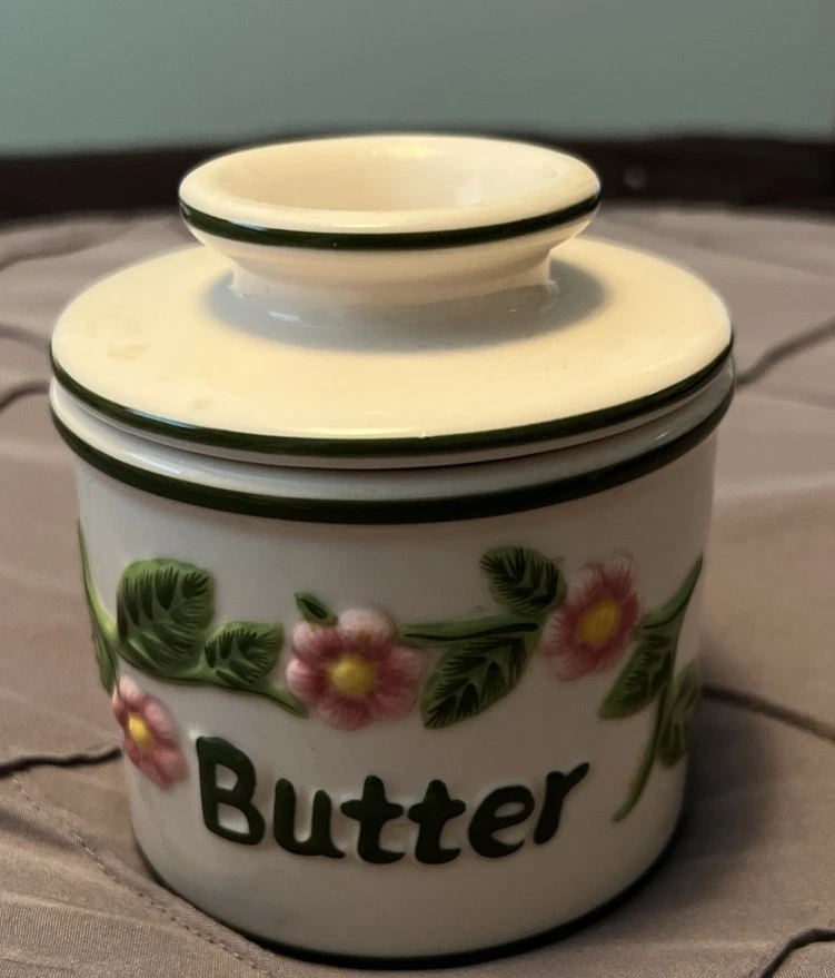 Vintage Butter Bell Crock French Beurre Embossed Pink Green Flowers L. Tremain