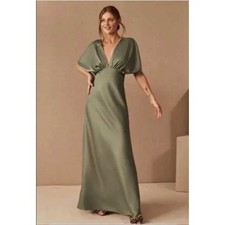 BHLDN Dress Womens 6 Leila Satin Charmeuse Maxi Gown Moss Green Draped VNeck