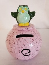 Ceramic Pink Speckled Piggy Bank with Owl Decorative Savings Bank Owl Figurine