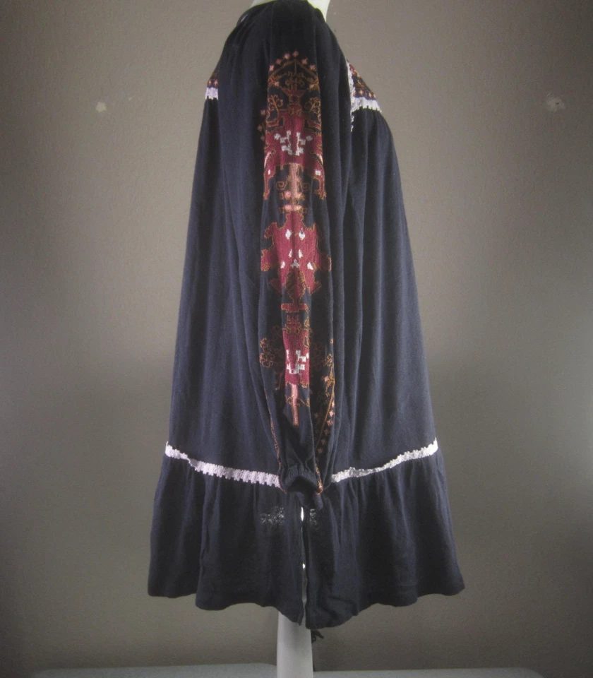 Free People Dress Womens Medium Navy Embroidered Boho Peasant Mini Drop Waist - Image 2 of 4