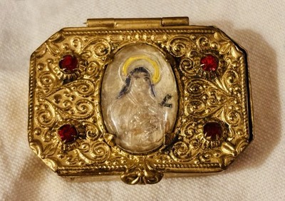 Antique European Small Embellished Scrollwork Brass Rosary Box with/Rosary