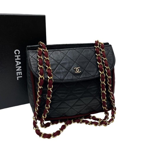 CHANEL Matelasse Lambskin Chain Shoulder Tote Bag Black 6.3x5.5x3.5 in Coco Mark