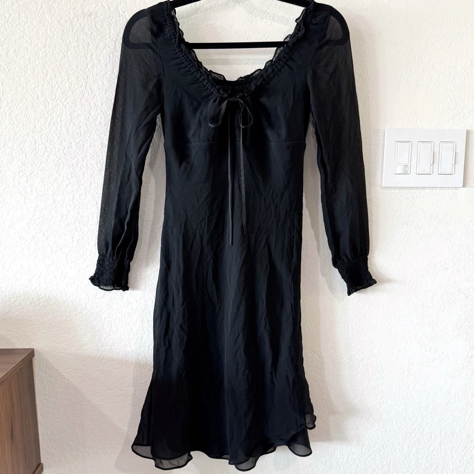 Vtg Express Silk Dress Sz 2 Black Gothic Witch Whimsy Long Sleeve Sheer Vampire - Imagem 2 de 4