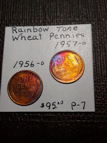 Rainbow Toned  Colors  2 - Wheat Penny   1956 -D / 1957 -D      P-7