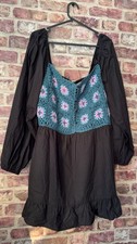 ASOS Design Dress Black Crochet Granny Square Smock Mini Puff Sleeve Boho UK 14