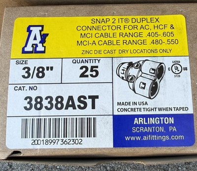 #ad Lot Of 25 Arlington 3838AST 3 8” Snap2It Duplex Connector for AC HCF MCI $60.72