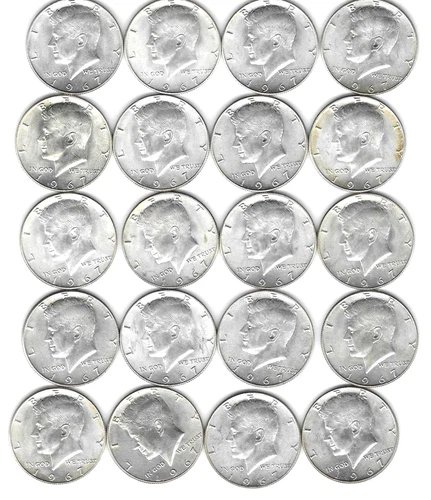 1 ROLL 40% SILVER KENNEDY HALF DOLLARS 20 COINS 1967 UNCIRCULATED