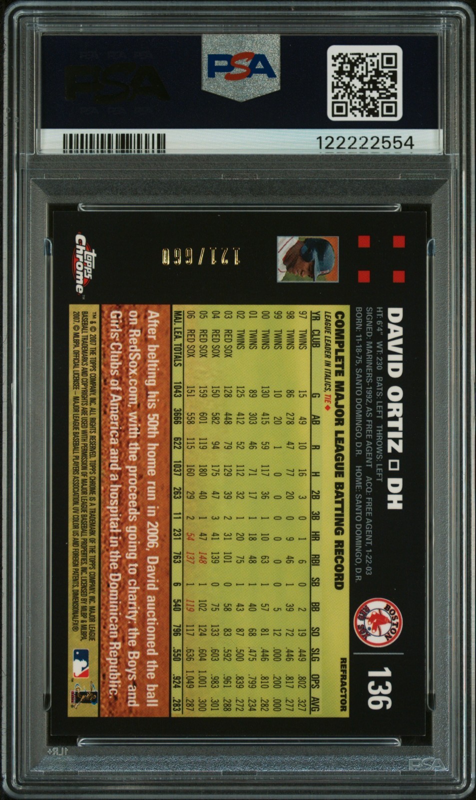 David Ortiz - 2007 Topps Chrome WHITE REFRACTOR #136 - (POP: 10) - /660 - PSA 9 view 2