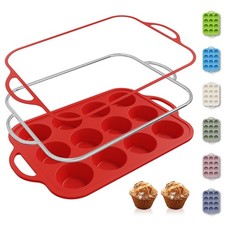 12 Cups Silicone Muffin Pan with Metal Reinforced Frame Regular Size Cupcake ...