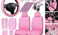 24 PCS Bling Diamond Accessories Set for Women, Leather Seat Covers, 15'' Pink