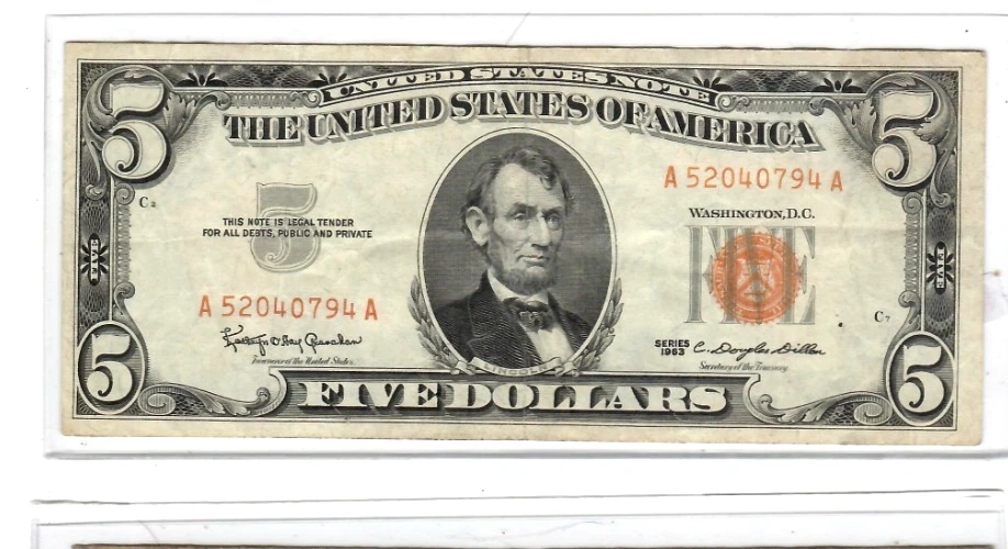 $5 "UNITED STATES NOTE" 1963  (ALTERED)   $5  1963 (YELLOW)  UNITED STATES NOTE - Image 2 of 3