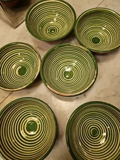 Vtg MCM ART STUDIO Set 6 Red Clay 5x2"  Pottery Bowls  Portugal Green Stripe