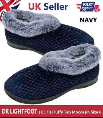 DR LIGHTFOOT Ladies Navy Slippers ( E ) Fit Fluffy Tab Moccasin Size 6