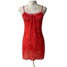 JOSIE Natori Red Floral Rose Slip Nightie Dress Tie Ruffle Neck Size 