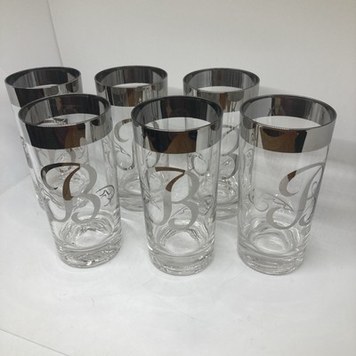 VTG Set of 6 MCM Silver Rimmed Wide Band Monogram ''B'' 5.5'' Bar Glasses