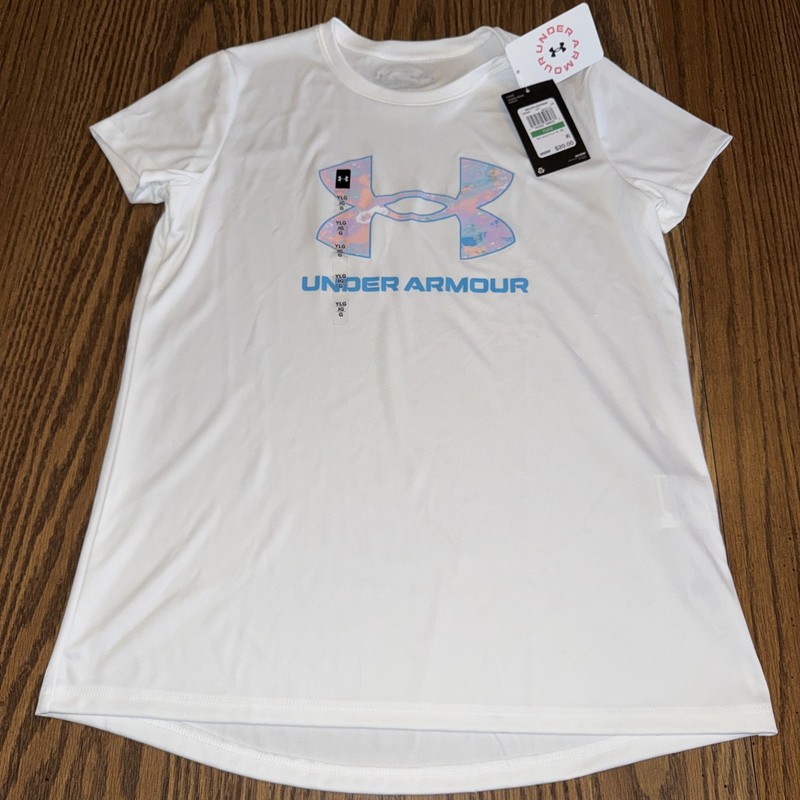 NWT Under Armour Girls Youth Large White Short Sleeve Loose Tech Solid Print