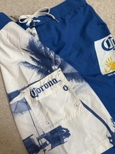 Corona Extra Beer Board Shorts Mens 34 Swim Trunk Cargo Palm Tree Hawaiian Blue