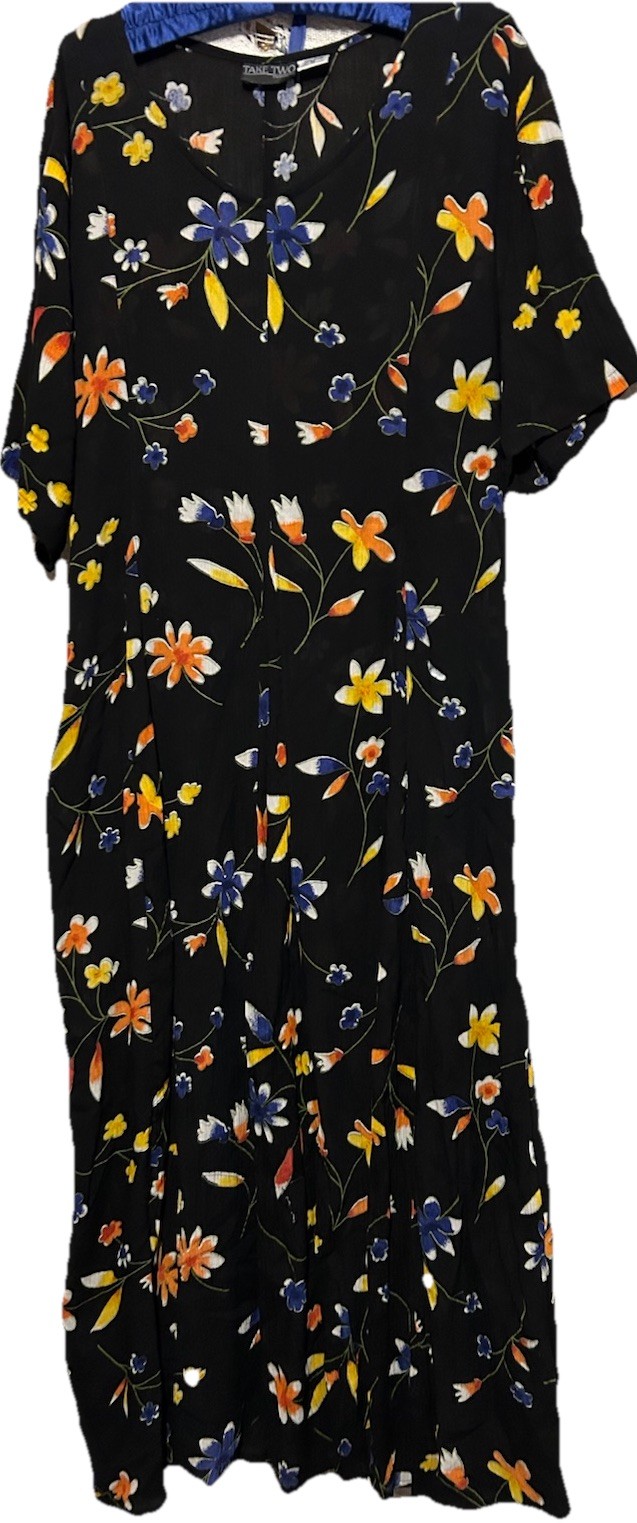 Take Two Dress M Black Floral Rayon Boho Midi 90s Y2K Vintage Hippie Sundress