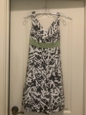 Ann Taylor Petites Black and White Abstract Print Dress with Green Waistband