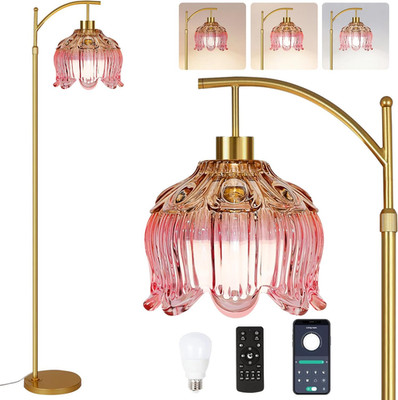 QIYIZM Pink Floor Lamp for Living Room,Bedroom,Gold Dimmable Standing Lamp with