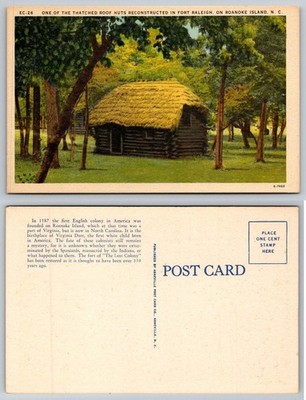 Fort Raleigh Roanoke Island NC Thatch Roof Hut Lost Colony Linen Postcard