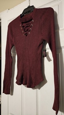 No Boundries Women's Medium Lattice V Neck Biker Rock Grunge Stretch Long Sleeve