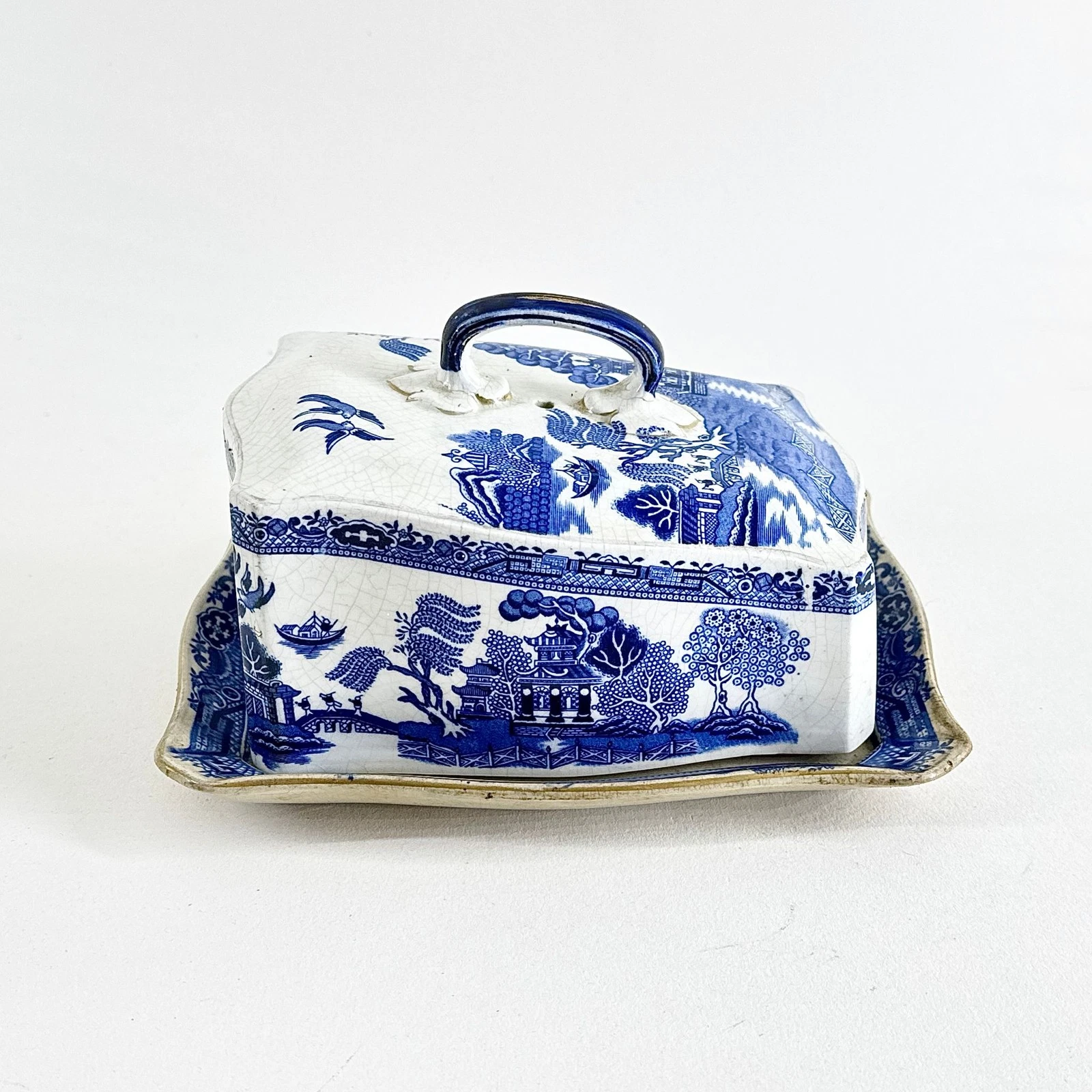 Antique Crownware Butter Dish Blue Willow Pattern Ceramic Vintage Stoke-On-Trent