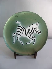 Retro STUDIO ART Enameled on copper plate ZEBRA 8" SIGNED Valleau 1960s