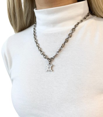 CELINE Vintage Macadam Logo Chain Necklace Accessory Silver Metal