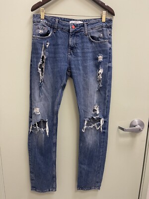 Zara Basic Z1975 Womens Jeans Size 4 Blue Denim Distressed 