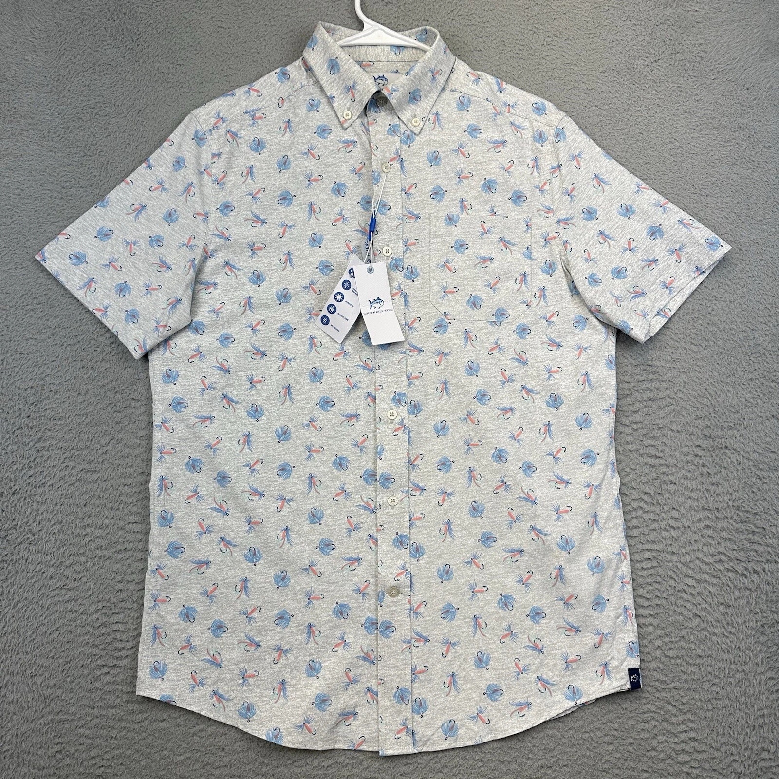 Southern Tide Shirt Mens Small Gray Fish Lure Print Stretch Hiking Outdoor NEW
