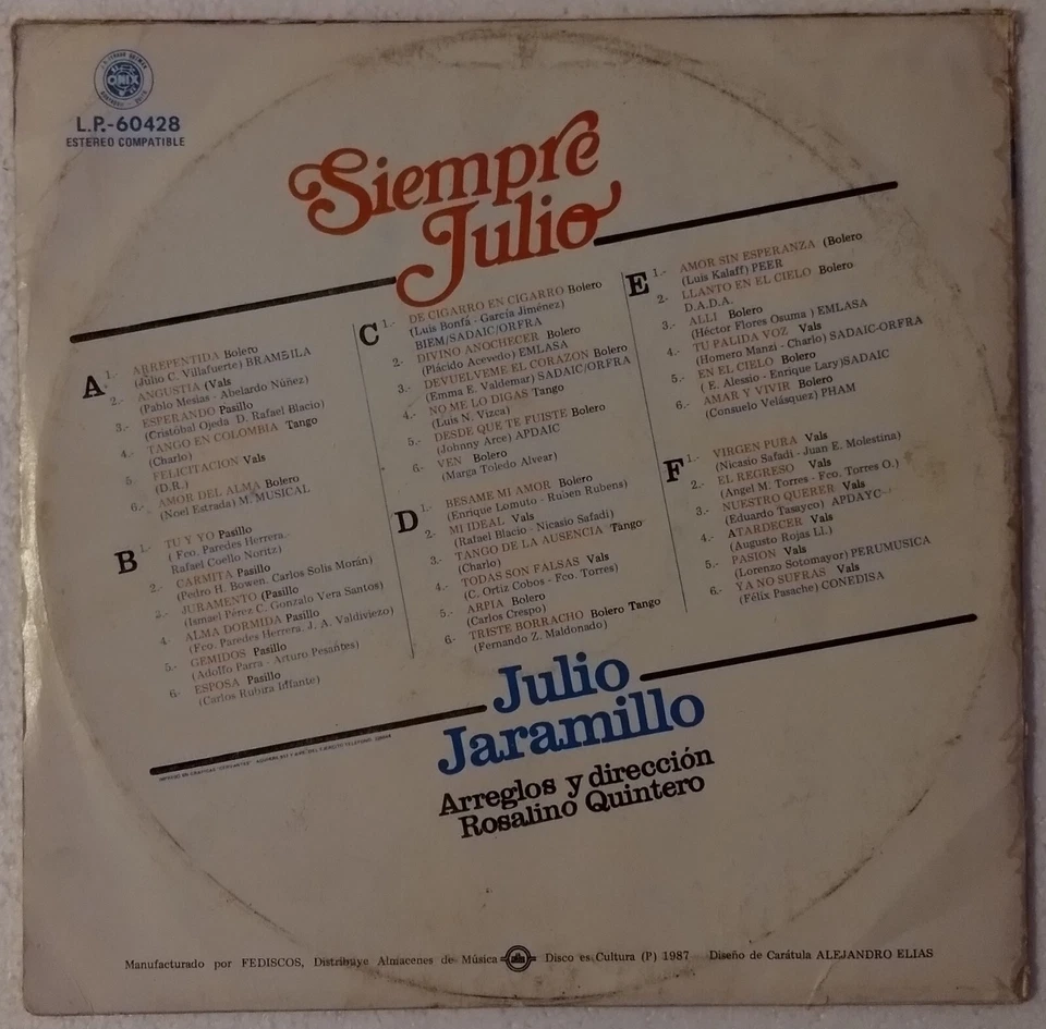 VERY RARE IMPORT JULIO JARAMILLO SIEMPRE JULIO 3 LP VINYL ONIX LP-60428 VG+-VG - Image 2 of 4