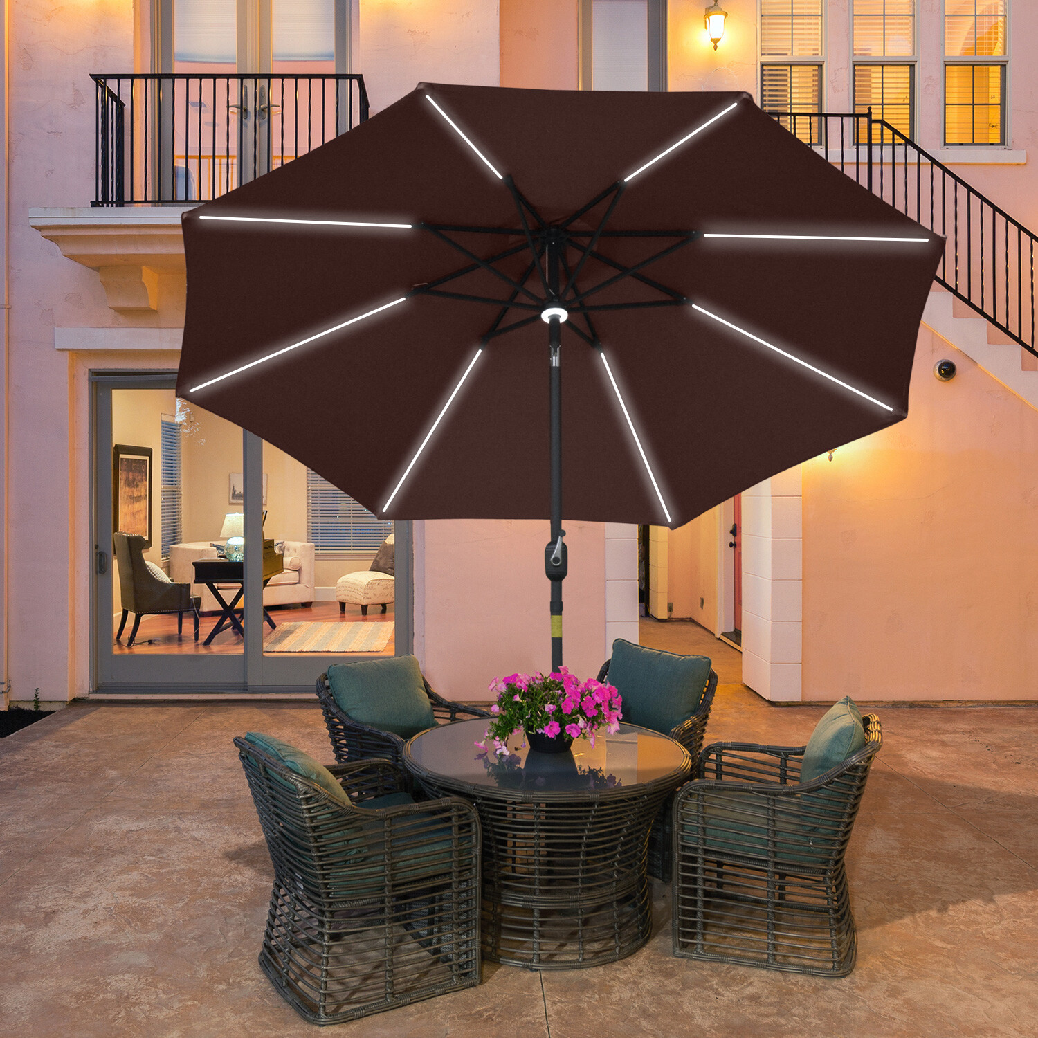 2.7m Garden Parasol Sun Umbrella with LED Solar Light and Angled Canopy  Coffee | eBay