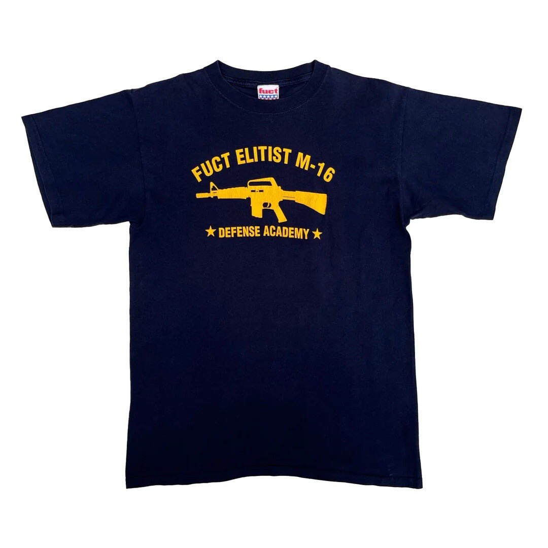 L 90s FUCT ファクト アメリカ製 Tシャツ ネイビー Fuct 1990 90s Vintage Elitist M-16 Defense Academy USA Made