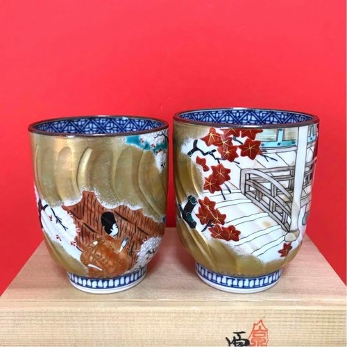 Pair Kyo Kiyomizu yaki ware Yunomi Japanese Tea cup The tale of Genji Japan F/S - Picture 7 of 8