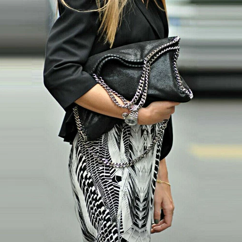 Woman Shoulder Bag Large Shoulder Black Color with Eco Leather Chains - Picture 3 of 21