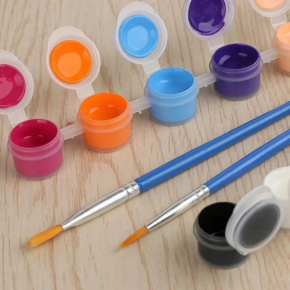 12 Mini Acrylic Paint Pots Multi Surface 2 Paint Brushes Primary Rainbow Colours - Image 3 of 4