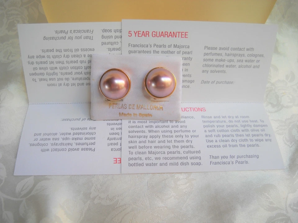 CLIP-ON MABE DARK PINK MAJORCA/MALLORCA PEARL EARRINGS 16MM  PEARLS GOLD FILLED - Image 3 of 4