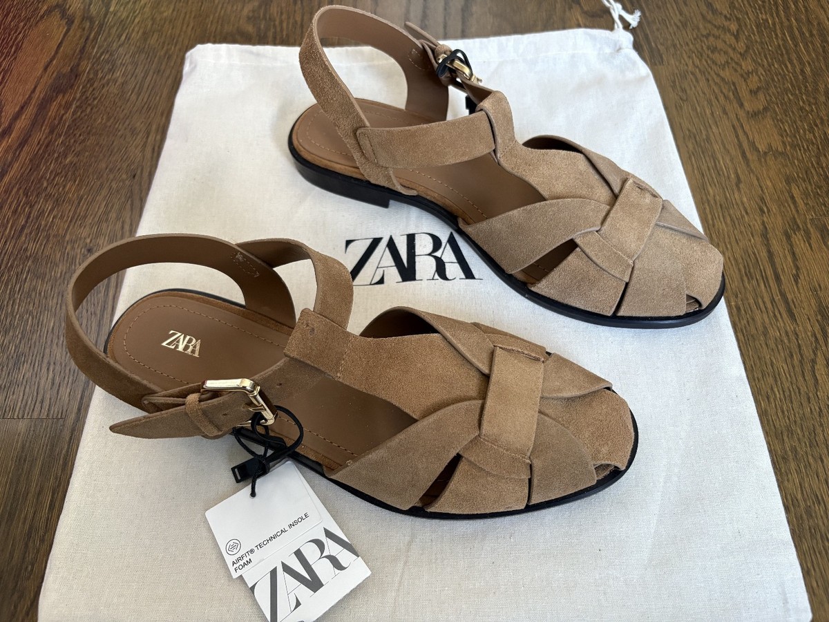 NEW ZARA Brown Taupe Suede Leather Cage Fisherman Sandals 7.5 7 1