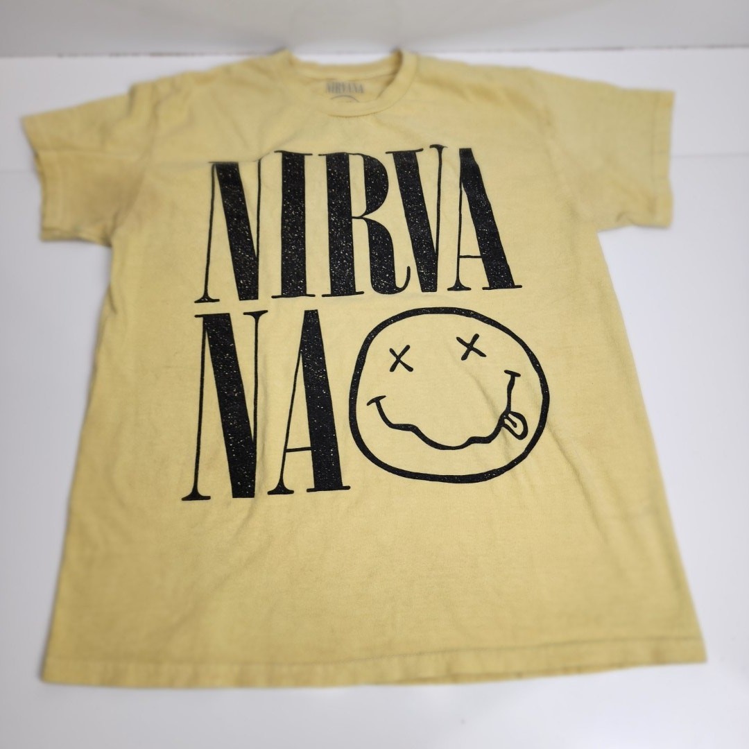 Nirvana Grunge Band Dazed Logo Yellow Black Tee Men's Size M
