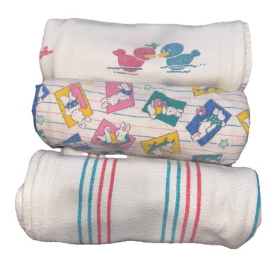 Vintage Flannel Baby Blanket Swaddle Receiving Footprints Lot Of 3 Cotton