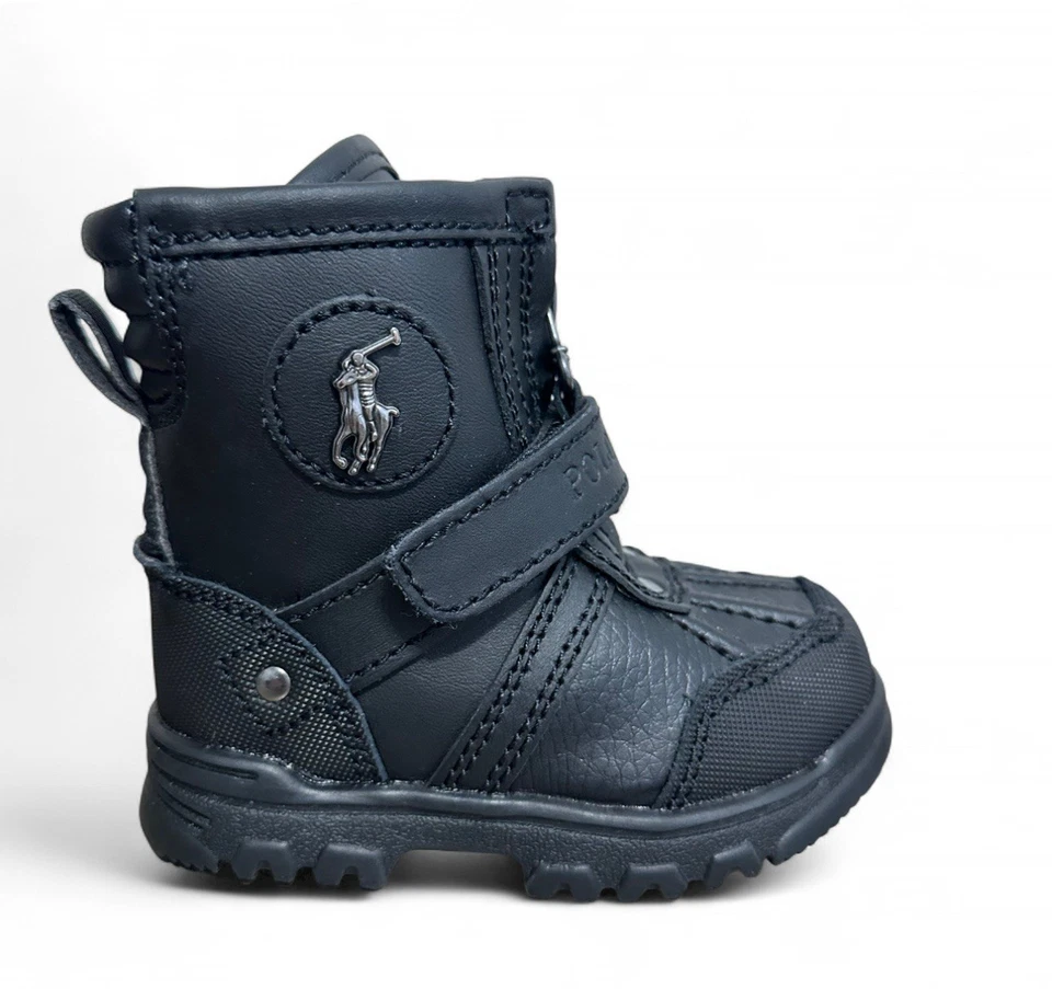 Botas Polo Ralph Lauren Conquered Hi Criança Tamanho 5 Couro Preto Biqueira com Capuz NOVO - Imagem 2 de 4