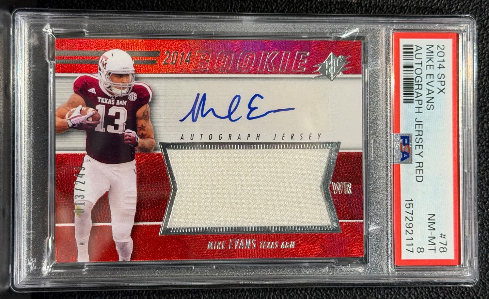 2014 UD SPX MIKE EVANS ROOKIE, #78, AUTO, JERSEY, RED REFACTOR, SERIAL #13/249