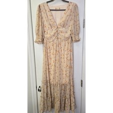 Cream Floral Maxi Dress Smocked Tiered Cottagecore Peasant Babydoll Boho Medium