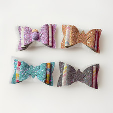 4 Girls Multicolor Glitter Faux Leather Bow Hair Clip Set, Solid, Colorful